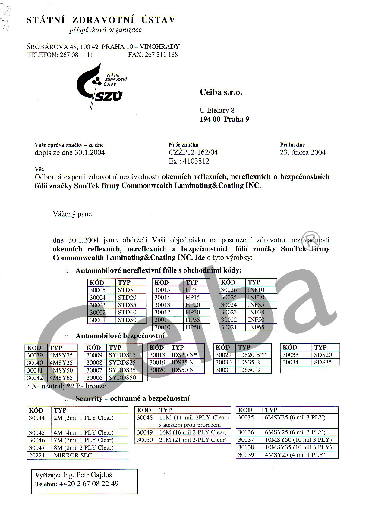 Protokol o zdravotní nezávadnosti SunTek