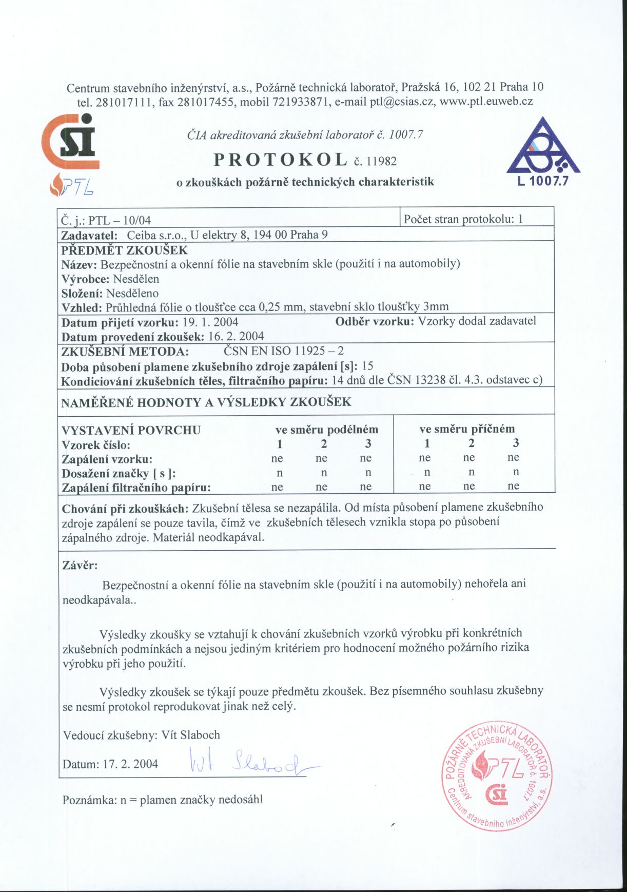 Protokol o zkouškách požárně technických charakteristik okenní a bezpečnostní fólie